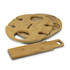 A bamboo wine rack featuring a circular design with cut-out sections for bottles and a separate flat bamboo piece.