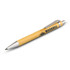 A bamboo inkless pen with a metal tip and clip, featuring a logo on the barrel.
