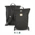 A roll top backpack in dark grey with adjustable straps and a logo on the front.