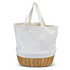 A white tote bag with woven wicker bottom and two handles. It features a front pocket and a logo.