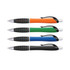 Four plastic pens in orange, green, blue, and black with rubber grips and silver accents, featuring a logo.