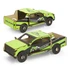 A wooden model of a green and black UTE truck, featuring intricate details and a branding logo.