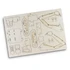 A wooden model kit for an excavator, featuring detailed cutouts and parts on a flat wooden board.