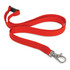 A custom printed lanyard measuring 12mm wide, featuring a vibrant red color and a metal clip for attachment.