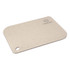 A chopping board in a light beige colour with a rounded edge and a handle hole, featuring a logo.