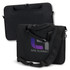 A black laptop bag featuring a detachable shoulder strap and a front pocket, with a logo on the surface.