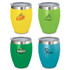 A drink bottle set featuring four vacuum cups in yellow, green, and blue, with stainless steel accents and various logos.