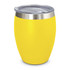 A drink bottle in bright yellow with a stainless steel lid and a rounded design. It features a logo.