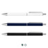 A set of three metal pens in white, navy blue, and black, each featuring a silver clip and detailing.
