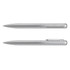 A silver metal pen with a smooth, sleek design and a clip. Features both cap and retractable mechanisms.