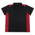 A black and red women's polo shirt featuring a collar and a logo. It has short sleeves and button detailing.