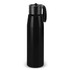 A drink bottle in sleek black aluminium with a secure lid and carrying strap, featuring a logo.