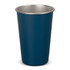 A drink bottle in dark blue with a silver interior, featuring a logo on the side.