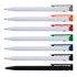 A collection of recycled plastic pens in white with assorted coloured clips: grey, orange, red, green, blue, and black.