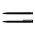 A black recycled plastic pen featuring a sleek design and a clip, showcasing both a capped and uncapped view.