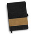 A denim notebook in dark grey with a tan leatherette band and a ribbon bookmark. It features a branding logo.