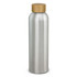 A drink bottle made from aluminium with a natural bamboo lid, featuring a sleek silver finish.