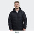 A black puffer jacket with a hood, featuring a zip-up front and side pockets, worn by a model.