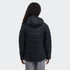 A black women's puffer jacket with a hood, featuring horizontal stitching and a logo on the sleeve.