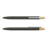 A metal pen with a dark green body and wooden accents, featuring a silver clip and branding.