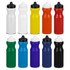A collection of twelve drink bottles in various colours: white, red, yellow, orange, green, blue, and black, each with a black cap.
