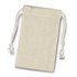 A small, cream cotton gift bag with drawstring ends and decorative tassels. It features a simple design and natural texture.
