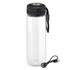A drink bottle made of clear plastic with a black cap, featuring a logo and a USB charging cable.