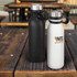 A drink bottle set featuring a black and a white stainless steel vacuum bottle with metal lids and handles.