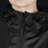 A black windbreaker jacket featuring a zip front and adjustable drawcord hood, with a logo.