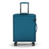 A teal wheeled carry-on suitcase with a retractable handle and wheels, featuring a branding logo.