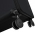 A large black suitcase with a wheeled base and a lock mechanism, featuring smooth-rolling wheels.