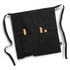A black gardening apron with wooden-handled tools visible in the pockets, featuring a logo.