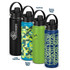 A drink bottle collection featuring four designs in black, green, blue, and a vibrant pattern, each with a logo.