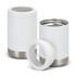 A drink bottle and cooler in white with a stainless steel base; features a lid and branding detail.