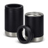 A drink bottle in black with a stainless steel base, featuring a lid and an integrated vacuum design.