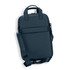 A blue laptop case with a handle and adjustable strap, featuring a smooth surface and a rear pocket. It has a logo.