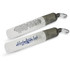 A mini hand sanitiser key ring in a clear bottle with a grey cap, featuring a logo on one side.