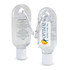 A clear 30ml hand sanitiser container with a carabiner clip, featuring a logo and white cap.