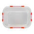 A clear lunch box with red and pink clips on the edges, featuring a rectangular shape and transparent design.