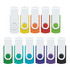 A collection of 10 colourful flash drives in various hues including orange, green, blue, and purple, with a white casing.