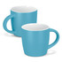A drinkware set featuring two turquoise coffee mugs with white interiors and round handles.
