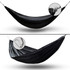 A black outdoor hammock with a looped attachment and a detailed view of the attachment point, featuring a logo.