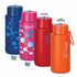 A drink bottle collection featuring blue, pink, red, and orange colours, with various printing methods and a logo.