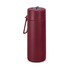 A drink bottle in a burgundy finish with a lid and handle, featuring a logo on the body.