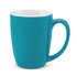 A coffee mug in turquoise with a white interior and a smooth handle. Brand logo visible on the mug.