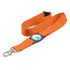 An orange lanyard featuring a metal clip and a circular attachment with a logo.
