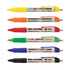 A collection of six plastic pens in yellow, orange, red, green, blue, and black, each with a logo and decorative inner design.