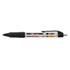 A plastic pen featuring a clear barrel, black grip, and a coloured design within the casing. It has a clip and chrome accents.