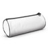 A cylindrical pencil case in white with a black zipper, featuring a logo on the side.