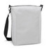 A cooler bag in grey with a black adjustable strap and zip closure, featuring a logo on the front.